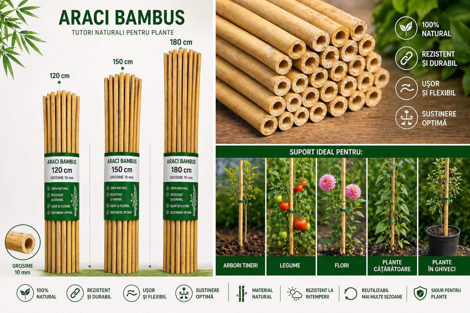 Araci Bambus 120 / 150 / 180 cm – Tutori Naturali pentru Plante, Grosime 10-14 mm suport legare flori și arbori tineri
