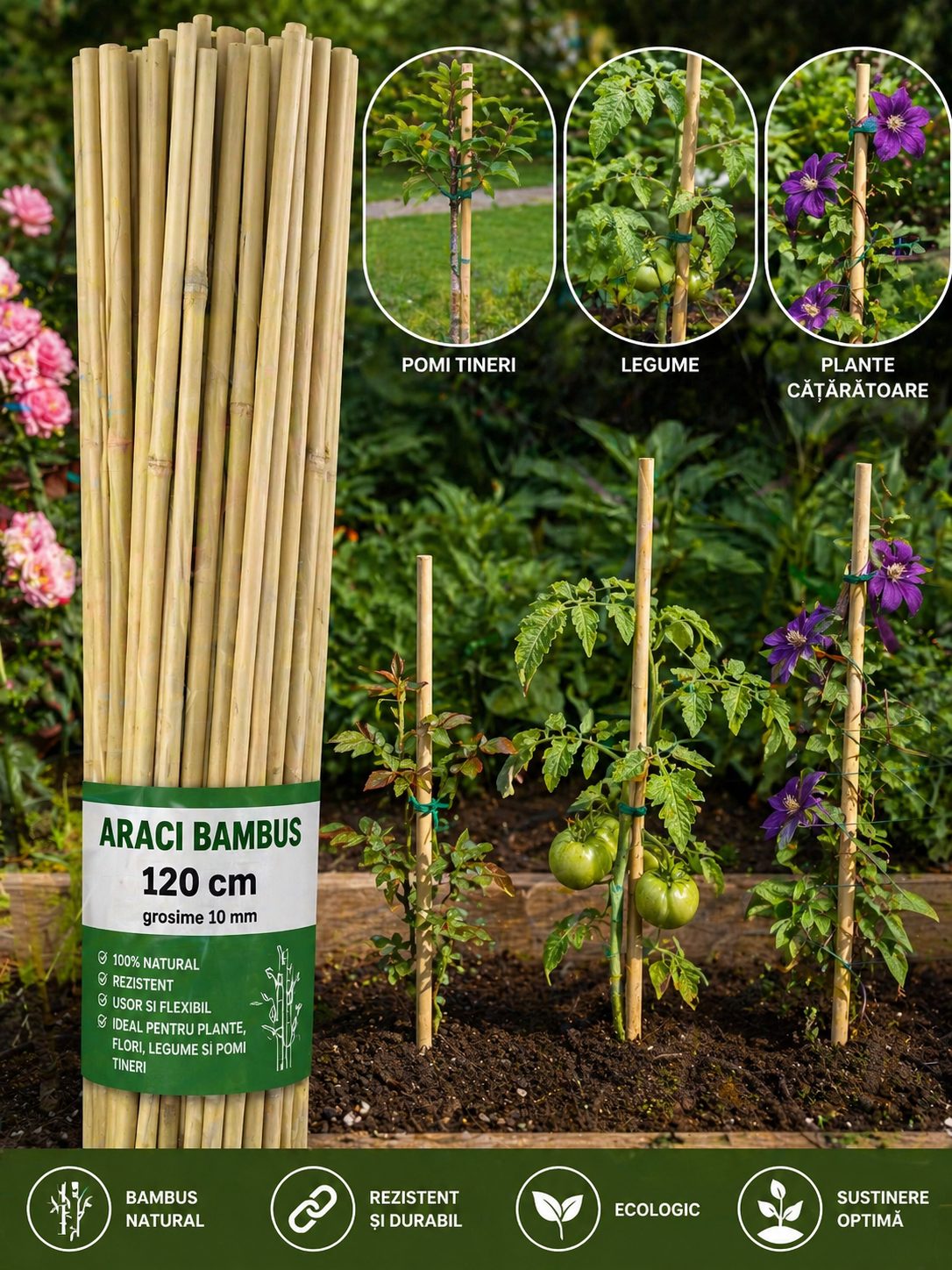 Araci Bambus 120 / 150 / 180 cm – Tutori Naturali pentru Plante, Grosime 10-14 mm suport legare flori și arbori tineri