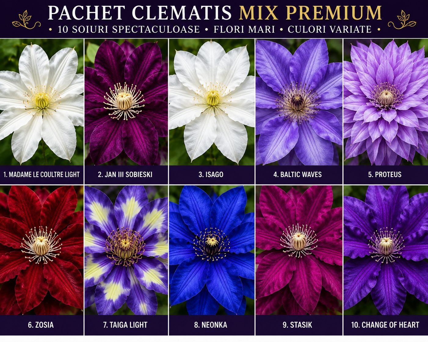 Pachet Clematis MIX Premium – 10 bucăți inflorite – ghiveci 2L | Colecție premium clematite cu flori mari